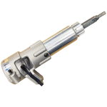 Grease gun with a long metal nozzle and lever trigger for lubrication.