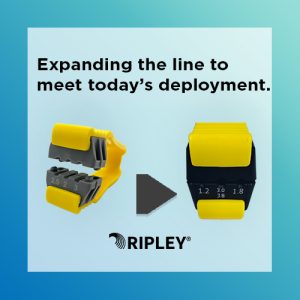 Graphic showing two yellow and gray cable preparation tools on a blue gradient background, with an arrow indicating progression from the left tool to the right tool. Text reads "Expanding the line to meet today's deployment," with the Ripley logo displayed below.